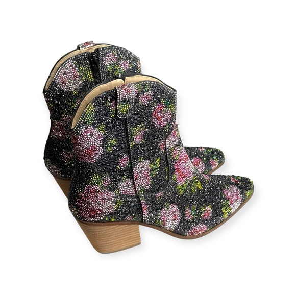 new Betsey Johnson ✿ Diva Crystal Floral Chelsea Ankle Cowboy Boot ✿ Black 8.5M - Picture 4 of 16